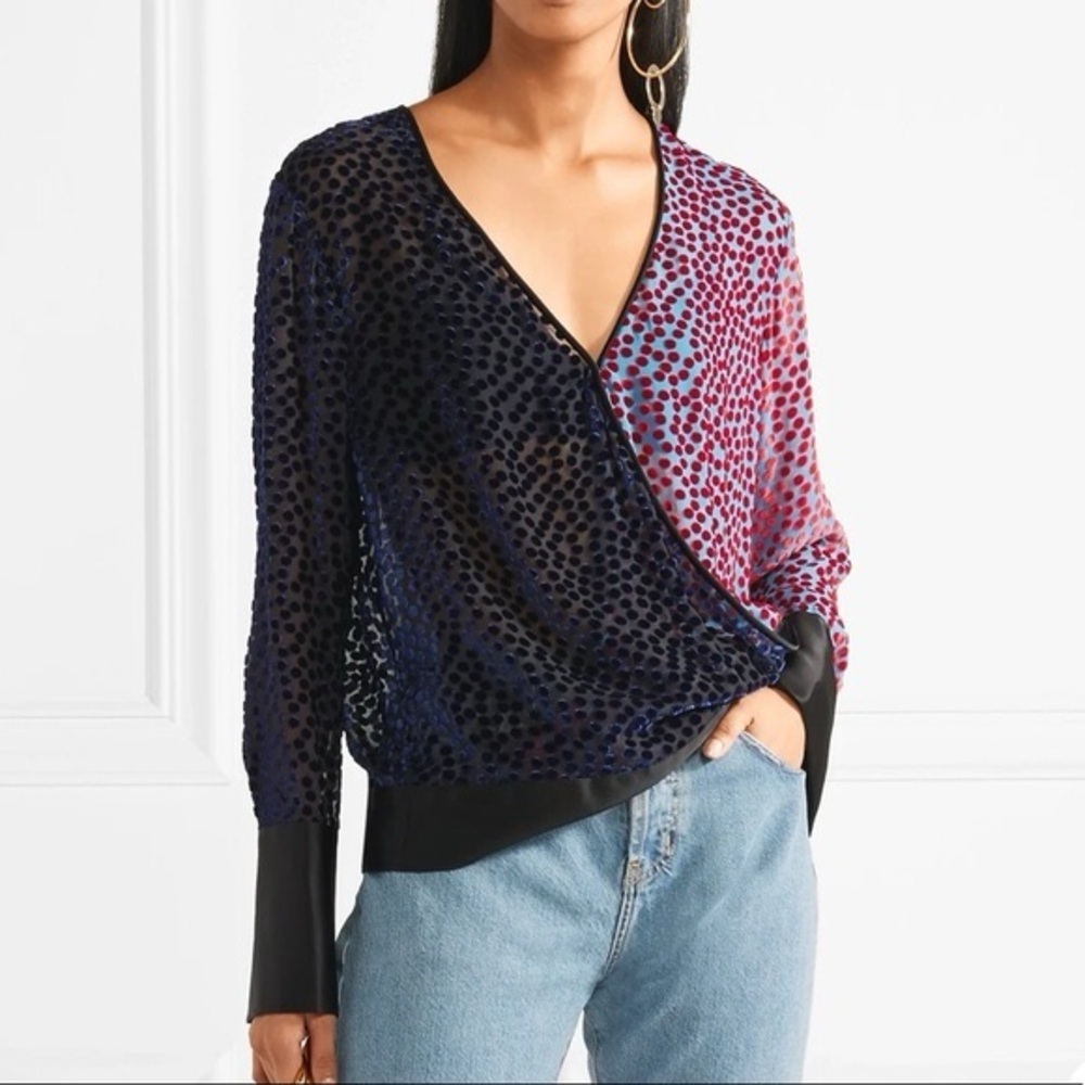 Diane Von Furstenberg Velvet Burnout Polka Dot Wrap Top Size Small